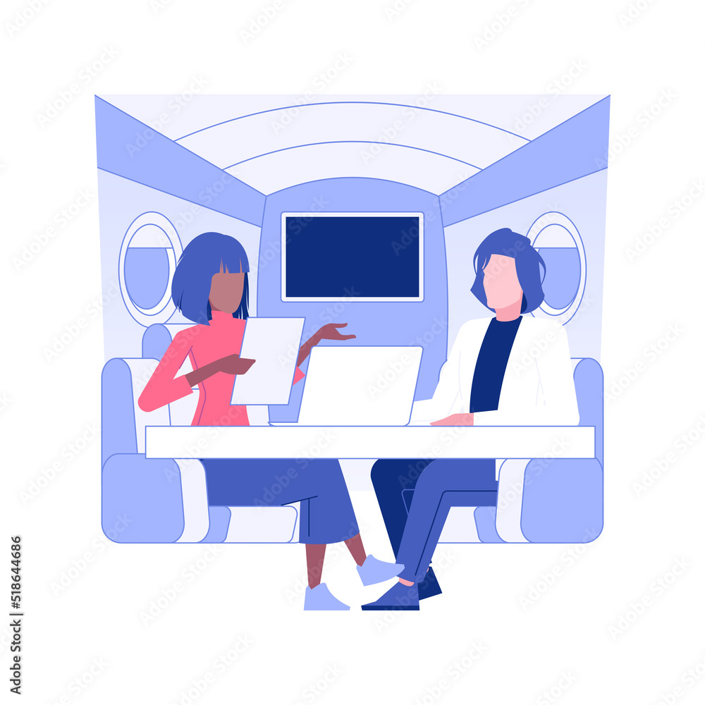 Private jet isolated concept vector illustration. Group of partners flying in a private jet, business class travel, company executives in the plane, working luxury trip vector concept. Private jet isolated concept vector illustration. Group of partners flying in a private jet, business class travel, company executives in the plane, working luxury trip vector concept.