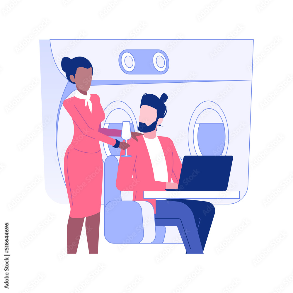 Business class service isolated concept vector illustration. Smiling stewardess offers food and drinks to the passenger, business class travel, luxury work trip vector concept.