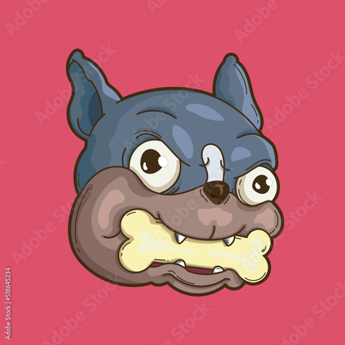 Colorful french bulldog animal character illustration biting a yellow bone on red background