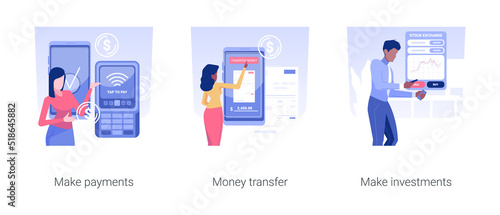 Banking app isolated concept vector illustration set. Make payments, money transfer, make investments, make banking operations with smartphone and online app, budget growth vector cartoon.