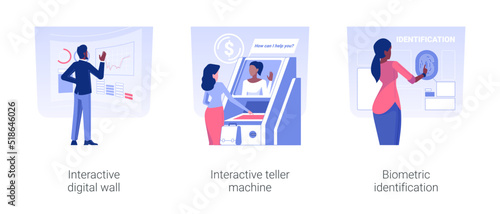 Banking technologies isolated concept vector illustration set. Interactive digital wall, teller machine, biometric identification, ATM terminal, client scans fingerprint, security vector cartoon.