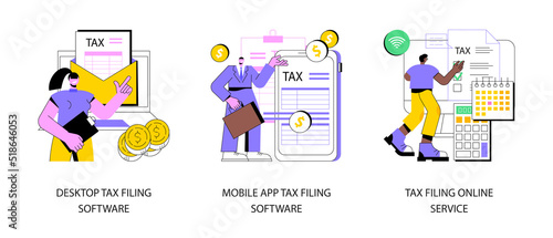 Tax software program abstract concept vector illustration set. Desktop tax filing software, mobile app and online service, income statement, IRS form, gather paperwork abstract metaphor.