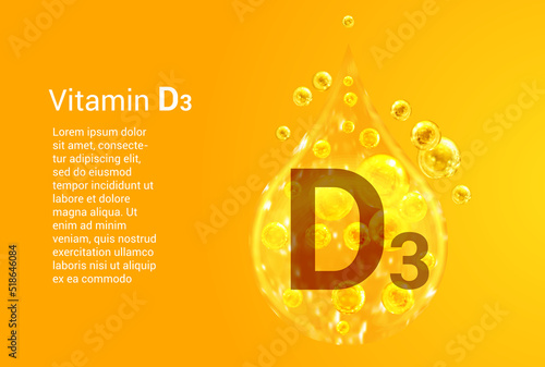 Vitamin D3. Baner with vector images of golden drops with oxygen bubbles. Health concept.