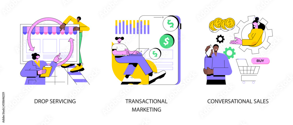 Marketing and sales abstract concept vector illustration set. Drop servicing, transactional marketing, conversational sales, customer relationship, purchase decision, conversion abstract metaphor.