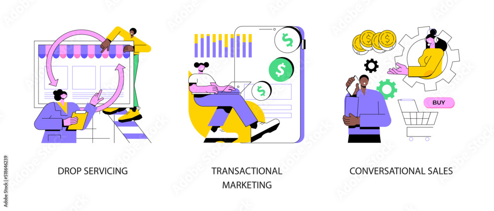 Fototapeta premium Marketing and sales abstract concept vector illustration set. Drop servicing, transactional marketing, conversational sales, customer relationship, purchase decision, conversion abstract metaphor.