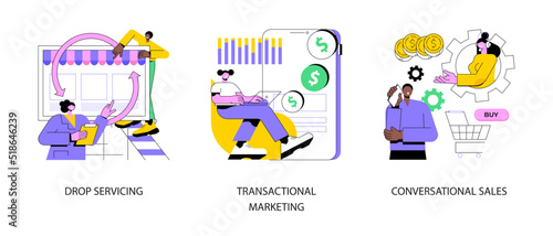 Marketing and sales abstract concept vector illustration set. Drop servicing, transactional marketing, conversational sales, customer relationship, purchase decision, conversion abstract metaphor.