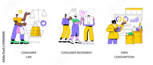 Buyer interests and habits abstract concept vector illustration set. Consumer law and rights protection, household consumption of food and beverages, goods and services, compliance abstract metaphor.