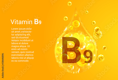 Vitamin B9. Baner with vector images of golden drops with oxygen bubbles. Health concept.