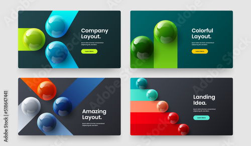 Unique 3D spheres postcard layout set. Premium book cover design vector template collection.