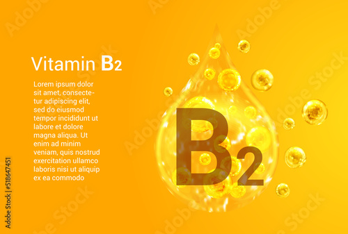 Vitamin B2. Baner with vector images of golden drops with oxygen bubbles. Health concept.