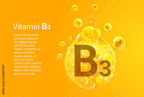 Vitamin B3. Baner with vector images of golden drops with oxygen bubbles. Health concept.