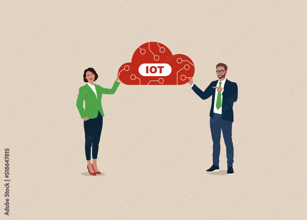Friends is holding an internet thing icon in her hands. Internet of things and automation concept. Flat style vector illustration. Friends is holding an internet thing icon in her hands. Internet of things and automation concept. Flat style vector illustration.