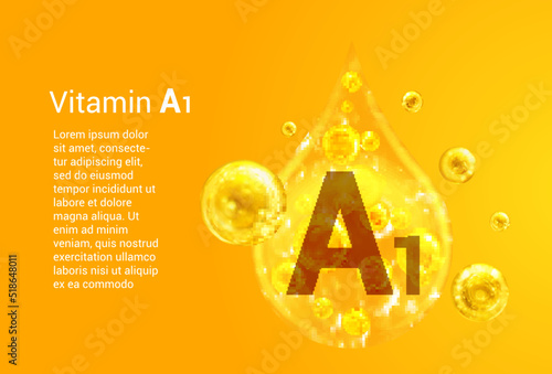 Vitamin A1. Baner with vector images of golden drops with oxygen bubbles. Health concept.