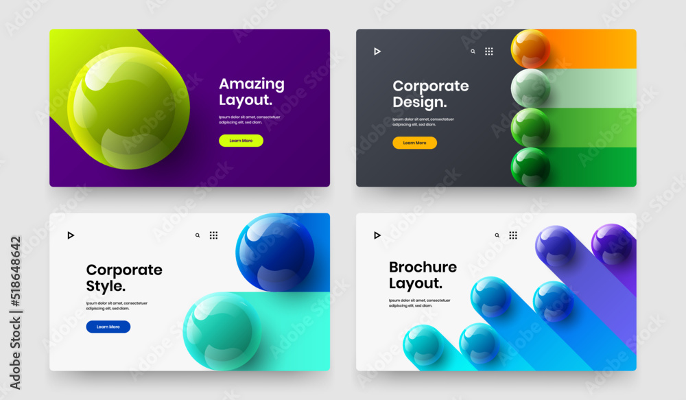 Geometric website design vector template set. Modern realistic balls landing page layout collection.