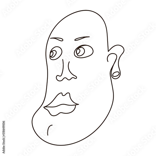 Elongated face of a man, bold afro guy with an earring. Charismatic cartoon character on white background with black line, stock vector illustration, isolated. Image for print, icon, sticker, logo.