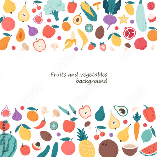 Vegetables, fruits, berries and mushrooms background. Natural organic nutrition. Healthy food, dietetics products, fresh vitamin grocery products. Vector illustration in flat style