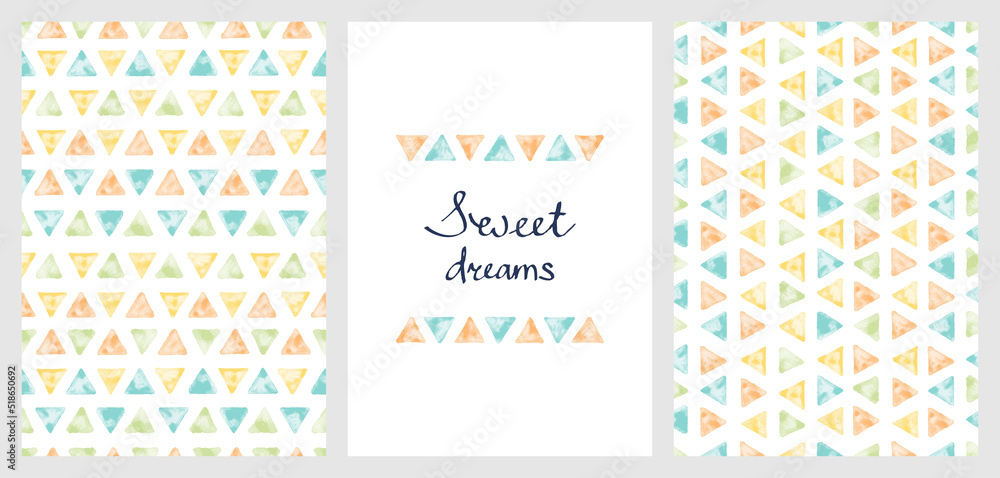 Set of cute vector geometric patterns and poster with an inscription. Patterns of delicate colors painted in watercolor style for backgrounds, textiles, wrappers, covers, decor, interior, children