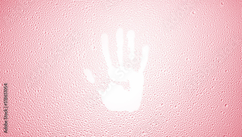 Handprint printed on the wet glass on pink background | shower concept