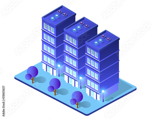 Night isometric smart blue ultraviolet city 3D illustration.
