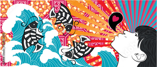 Oriental pattern with fish and a girl