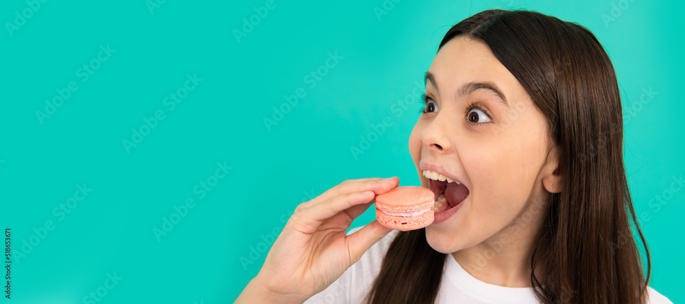 amazed child eat french macaron or macaroon cookies, sweet tooth. Teenager child with sweets, poster banner header, copy space. amazed child eat french macaron or macaroon cookies, sweet tooth. Teenager child with sweets, poster banner header, copy space.