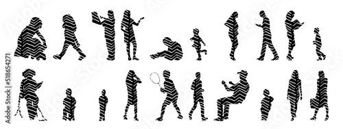 Vector silhouettes, Outline silhouettes of people, Contour drawing, people silhouette, Icon Set Isolated, Silhouette of sitting people, Architectural set	
