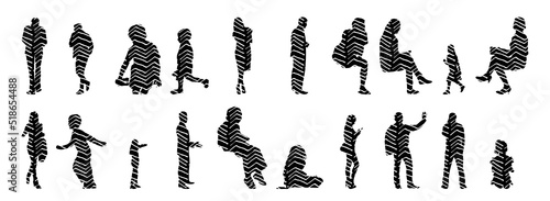 Vector silhouettes, Outline silhouettes of people, Contour drawing, people silhouette, Icon Set Isolated, Silhouette of sitting people, Architectural set	