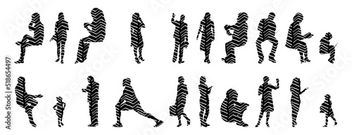 Vector silhouettes, Outline silhouettes of people, Contour drawing, people silhouette, Icon Set Isolated, Silhouette of sitting people, Architectural set	