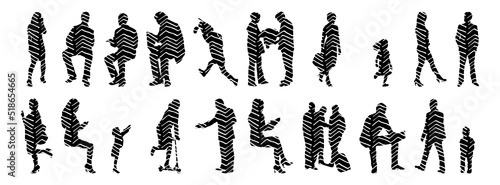 Vector silhouettes, Outline silhouettes of people, Contour drawing, people silhouette, Icon Set Isolated, Silhouette of sitting people, Architectural set	

