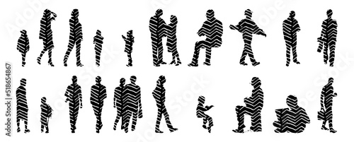 Vector silhouettes, Outline silhouettes of people, Contour drawing, people silhouette, Icon Set Isolated, Silhouette of sitting people, Architectural set	
