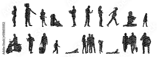 Vector silhouettes, Outline silhouettes of people, Contour drawing, people silhouette, Icon Set Isolated, Silhouette of sitting people, Architectural set	
