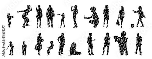 Vector silhouettes, Outline silhouettes of people, Contour drawing, people silhouette, Icon Set Isolated, Silhouette of sitting people, Architectural set	
