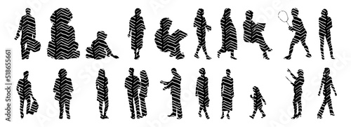 Vector silhouettes, Outline silhouettes of people, Contour drawing, people silhouette, Icon Set Isolated, Silhouette of sitting people, Architectural set	
