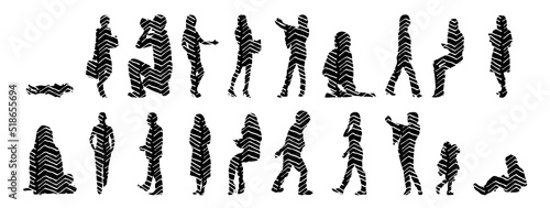 Vector silhouettes, Outline silhouettes of people, Contour drawing, people silhouette, Icon Set Isolated, Silhouette of sitting people, Architectural set	
