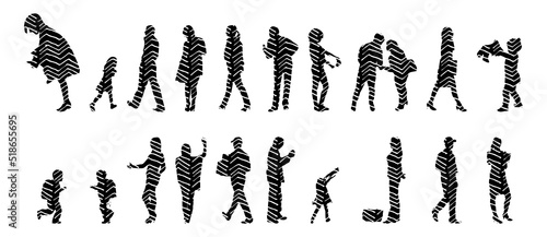 Vector silhouettes, Outline silhouettes of people, Contour drawing, people silhouette, Icon Set Isolated, Silhouette of sitting people, Architectural set	
