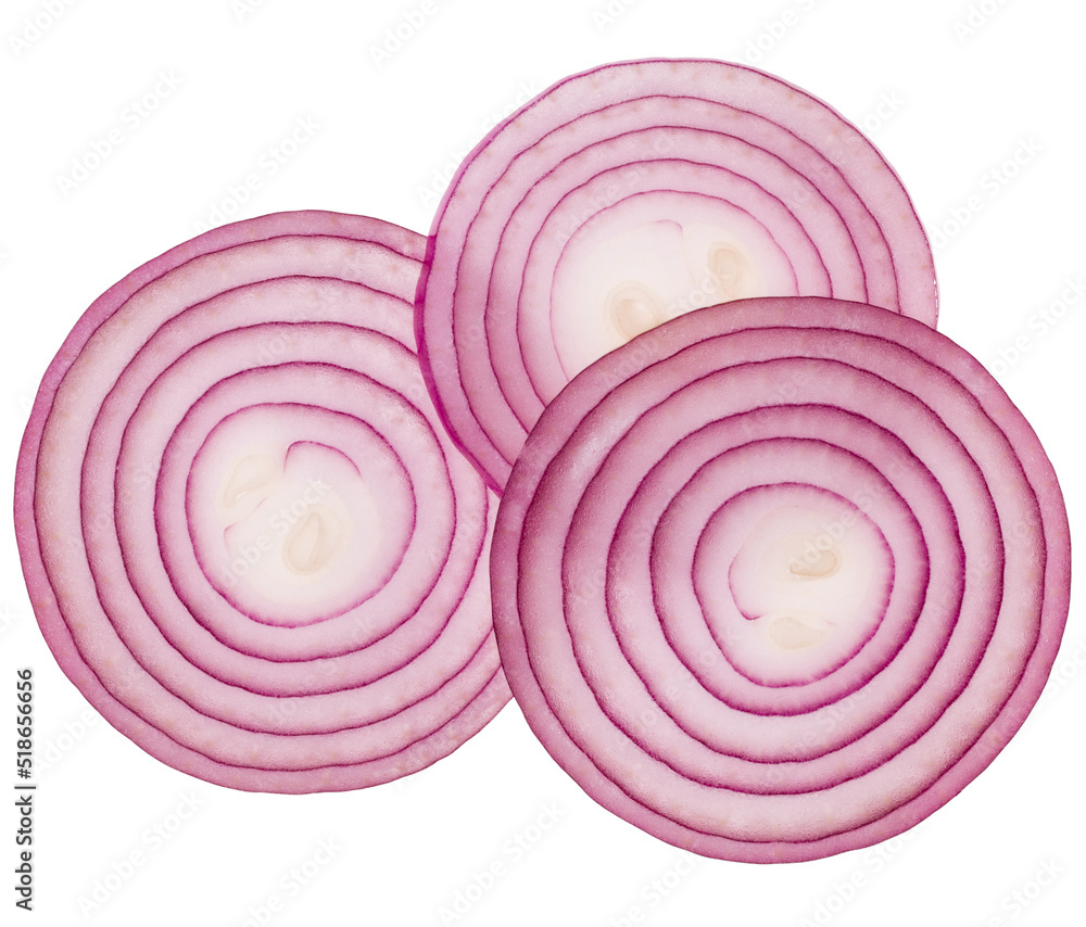 red onion slices isolated on white background. Top view. Flat lay. Red onion slice in air, without shadow. - obrazy, fototapety, plakaty 