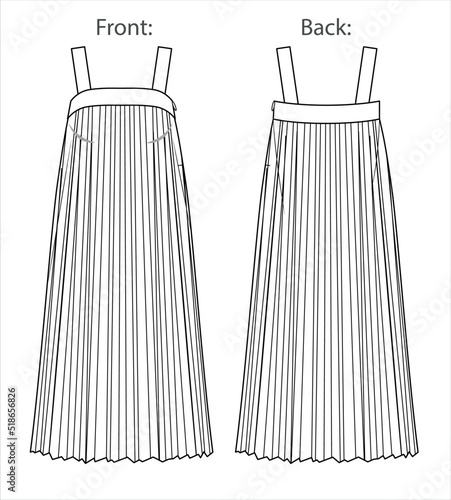 Vector maxi plisse dress fashion CAD, woman flared strapless long dress technical drawing, template, sketch, flat, mock up. Jersey or woven fabric summer midi dress with front, back view, white color
