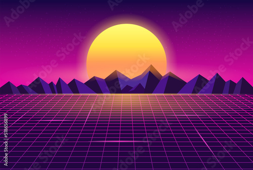 Synthwave Retrowave Sun Illuminated Glowing Mountains Wireframe Landscape Illustration Background