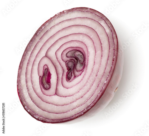 Half of red Onion isolated on white background. Top view, flat lay.