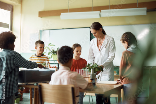 Canvas-taulu Group of elementary students learning about plants with their teacher during botany class at school