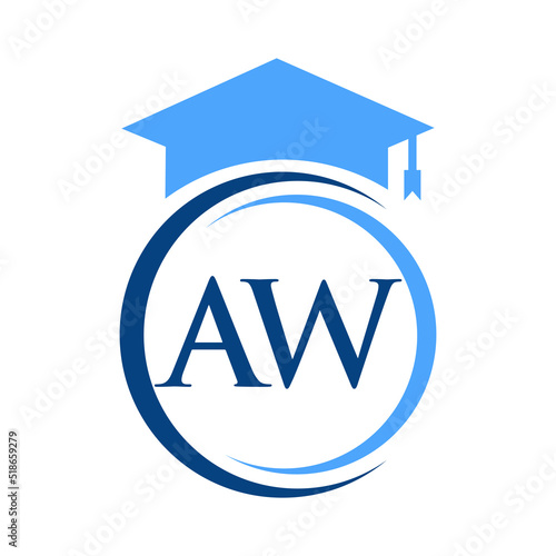 Letter AW Education Logo Concept With Educational Graduation Hat Vector Template