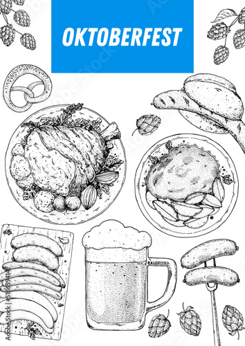 Oktoberfest menu design template. German food sketch. Hand drawn vector illustration. German cuisine. Black and white. Engraved style. Hand drawn food and drink, sketch illustration