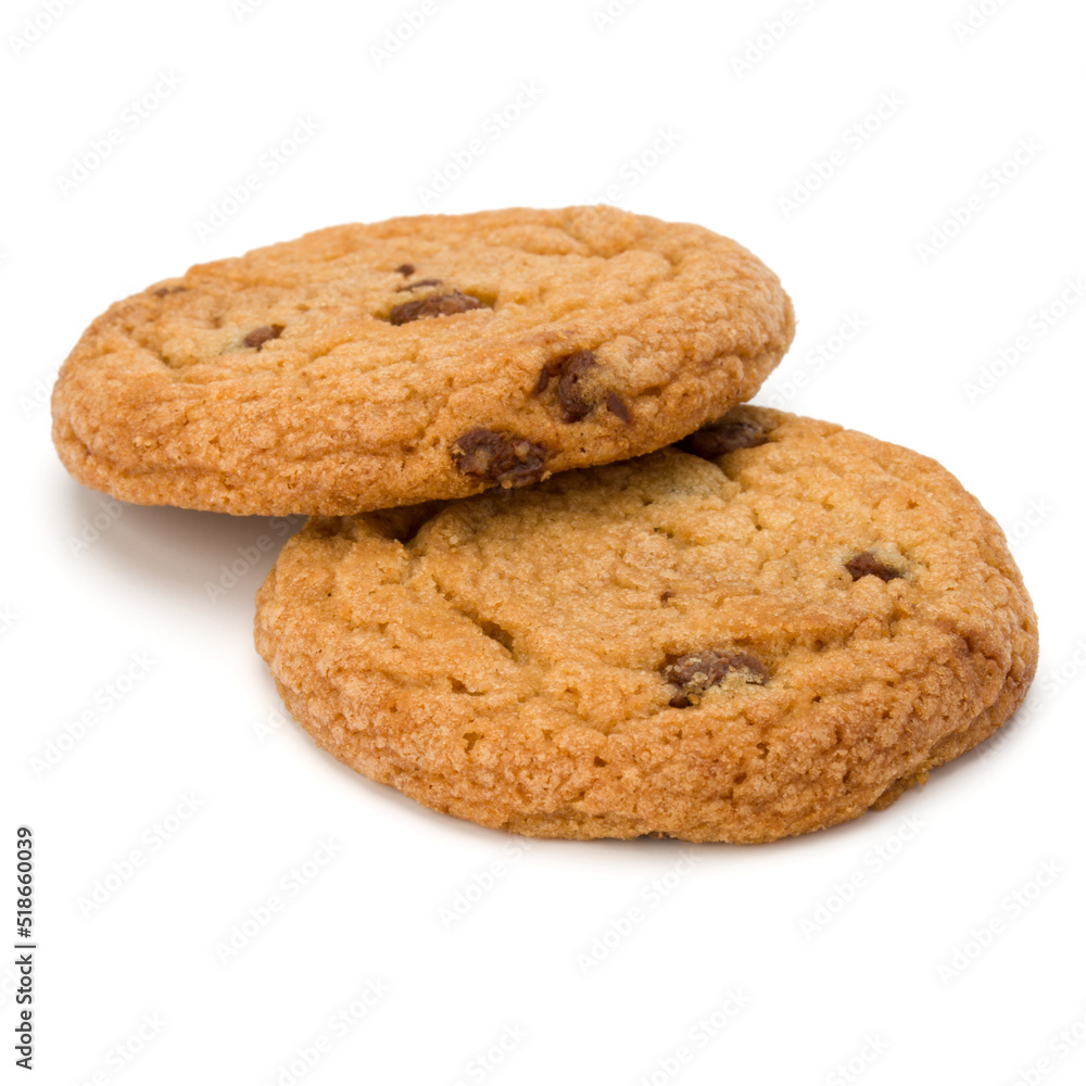 Two Chocolate chip cookies isolated over white background. Sweet biscuits. Homemade pastry..