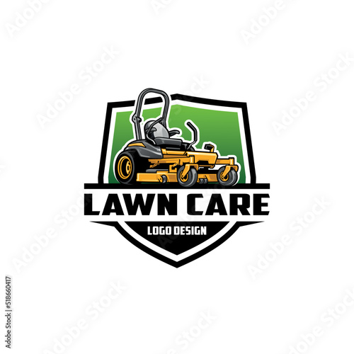 Logo design with orange lawn mower on green background