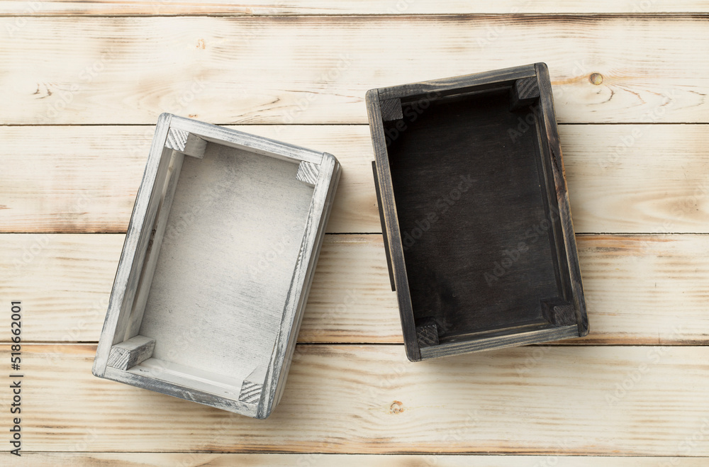 Empty wooden boxes on table, top view Empty wooden boxes on table, top view