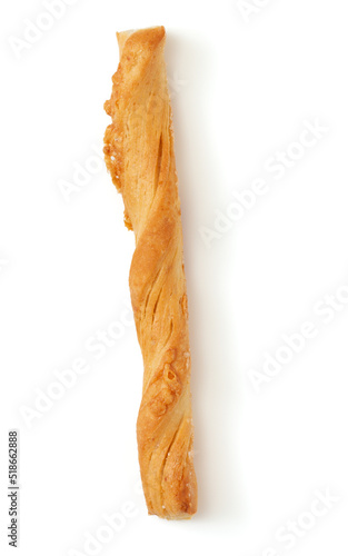 one bread stick with cheese isolated on a white background close up, top view