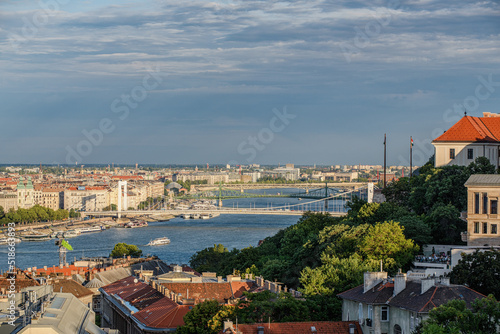 Panoramic night view of Budapest from Gellert Hill. Danube River, Chain Bridge, Buda and Pest views. Budapest
