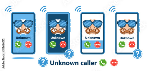 Fototapeta Unknown number mobile phone call, incoming anonymous caller on smartphone screen icon