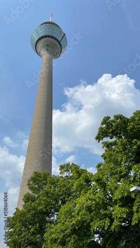 Low angle view of Rhine Tower in Dusseldorf, Germany photo