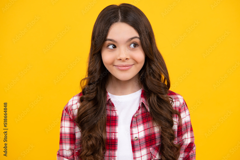 Fototapeta premium Happy teenager, positive and smiling emotions of teen girl. Lifestyle portrait of a child girl smiling at camera, youth day. Happy childrens day.
